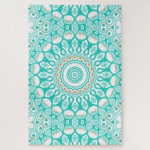 Turquoise and Beige Ocean Mandala Pattern Jigsaw Puzzle