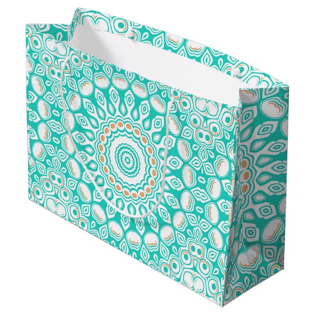 Turquoise and Beige Ocean Mandala Pattern Large Gift Bag (Back Angled)