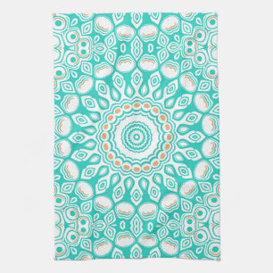 Turquoise and Beige Ocean Mandala Pattern Tea Towel
