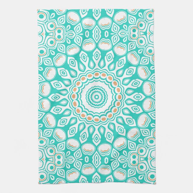 Turquoise and Beige Ocean Mandala Pattern Tea Towel (Vertical)