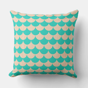Turquoise and Beige Striped Mermaid Scales Pattern Cushion