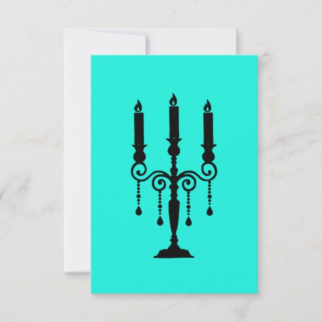 Turquoise and black candelabra RSVP card (Front)