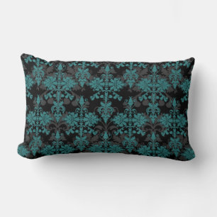 Turquoise and Black Damask Lumbar Cushion
