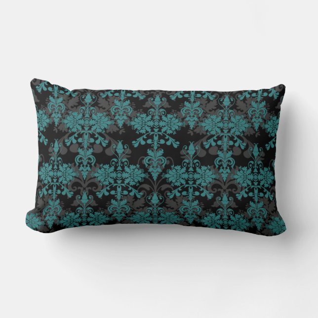 Turquoise and Black Damask Lumbar Cushion (Front)