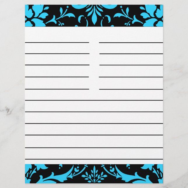 Turquoise and Black Damask Matching Recipe Paper (Front)