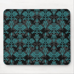 Turquoise and Black Damask Mouse Pad
