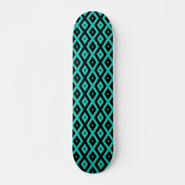 Turquoise and black diamond pattern skateboard (Front)