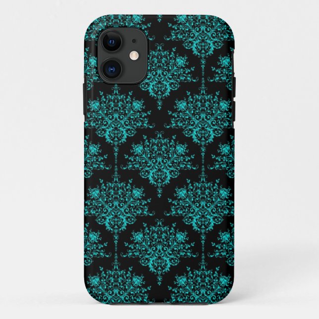 Turquoise and Black Elegant Damask Pattern Case-Mate iPhone Case (Back)