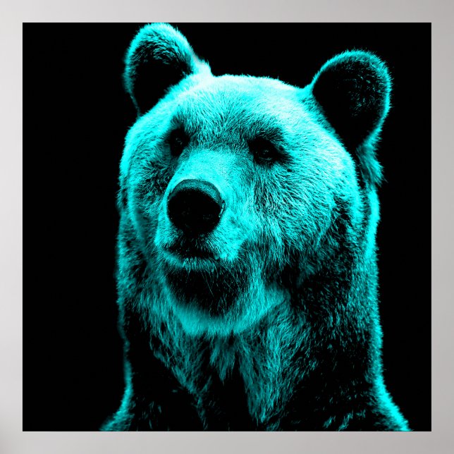 Turquoise and Black Grizzly Bear Portrait Poster (Front)