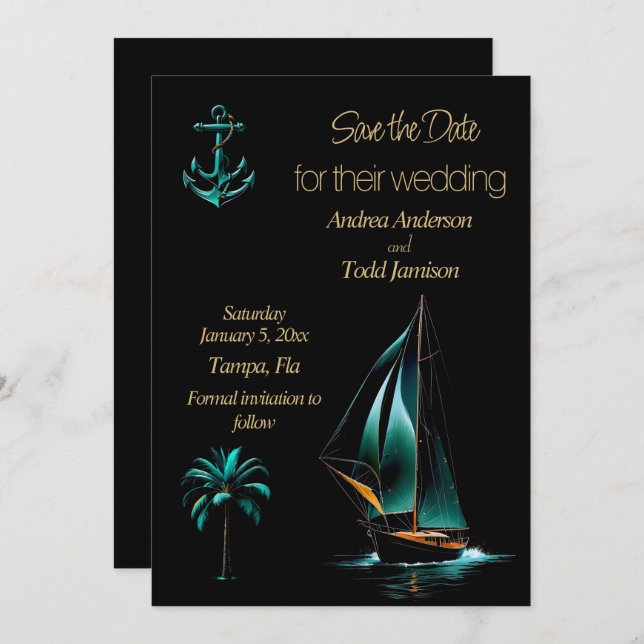 Turquoise and black nautical wedding save the date (Front/Back)