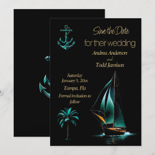 Turquoise and black nautical wedding save the date