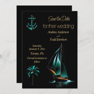 Turquoise and black nautical wedding save the date