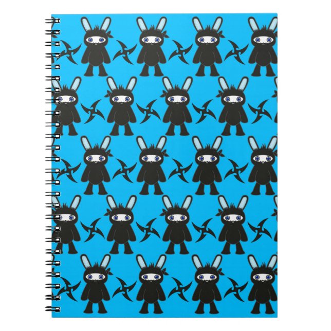 Turquoise and Black Ninja Bunny Pattern Spiral Notebook (Front)