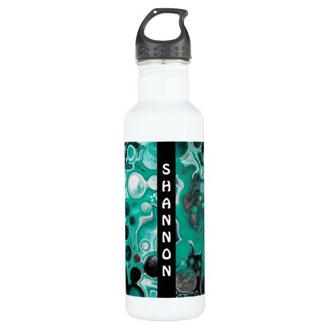 Turquoise and Black Personalised Marble Fluid Art  710 Ml Water Bottle (Front)