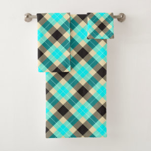 Turquoise and Black Tartan Plaid Bath Towel Set