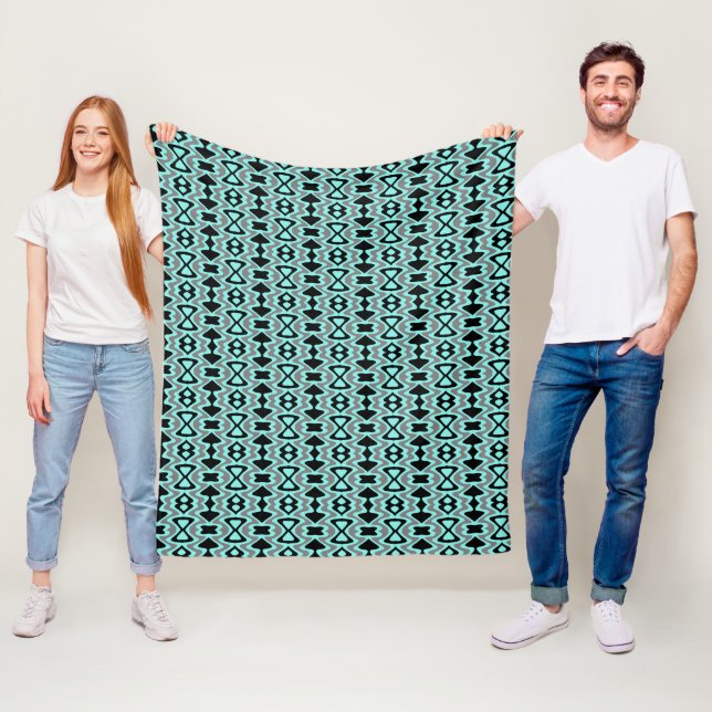 Turquoise and Black Unique Pattern Fleece Blanket (In Situ)
