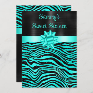 Turquoise and Black Zebra Stripes Sweet Sixteen Invitation