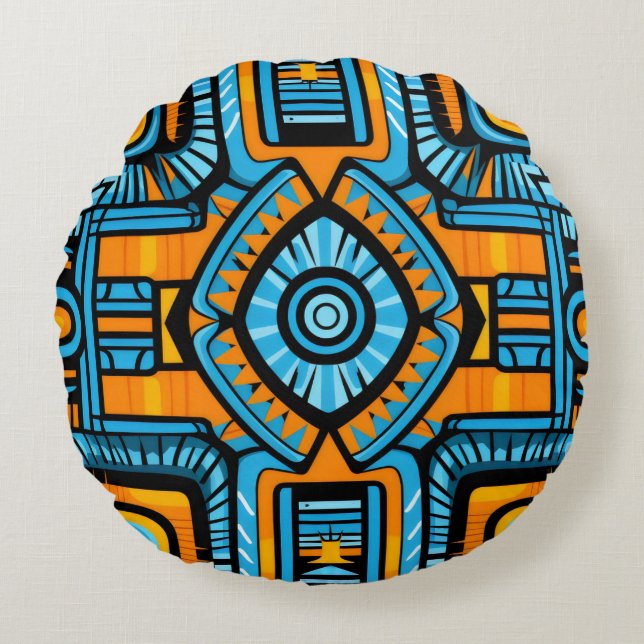  turquoise and blue abstract pattern round cushion (Front)