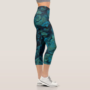 Turquoise and Blue Marble Abstract Capri Leggings