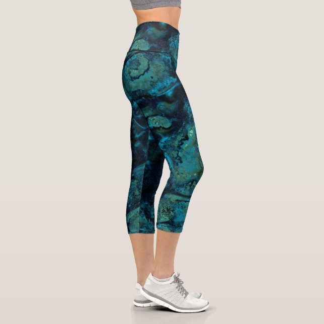 Turquoise and Blue Marble Abstract Capri Leggings (Right)