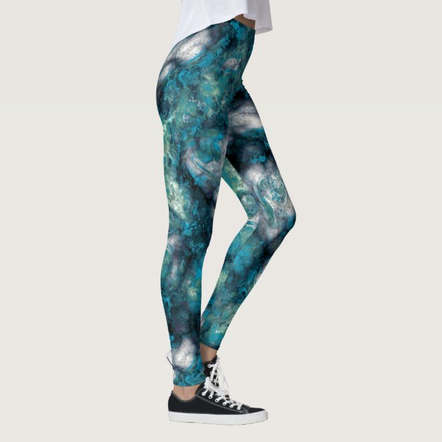Turquoise and Blue Marble Abstract Leggings (Right)