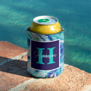 Turquoise and Blue Marble Monogram Name  Beach Can Cooler