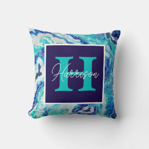 Turquoise and Blue Marble Monogram Name Beach  Cushion