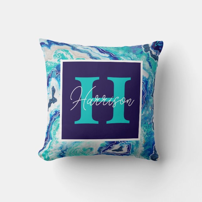 Turquoise and Blue Marble Monogram Name Beach  Cushion (Front)