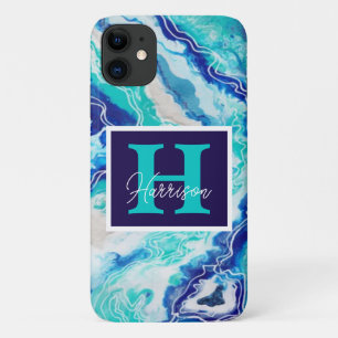 Turquoise and Blue Marble Monogram Name Beachy Case-Mate iPhone Case