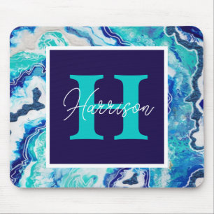 Turquoise and Blue Marble Monogram Name   Mouse Pad