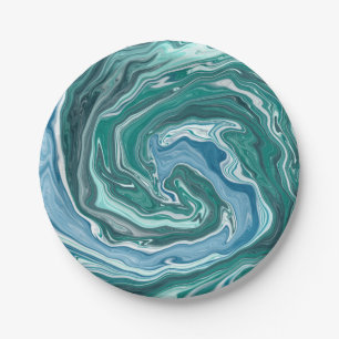 Turquoise and Blue Ocean Wave Swirls Paper Plate