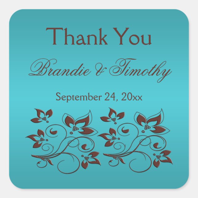 Turquoise and Brown Square Thank You Sticker (Front)