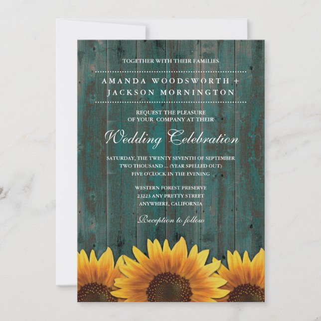 Turquoise and Brown Sunflower Wedding Invitations (Front)