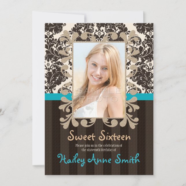 Turquoise and Brown Vintage Damask Sweet Sixteen Invitation (Front)