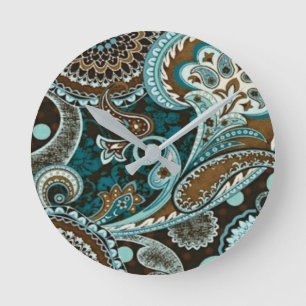 Turquoise and Brown Vintage Paisley New Round Clock