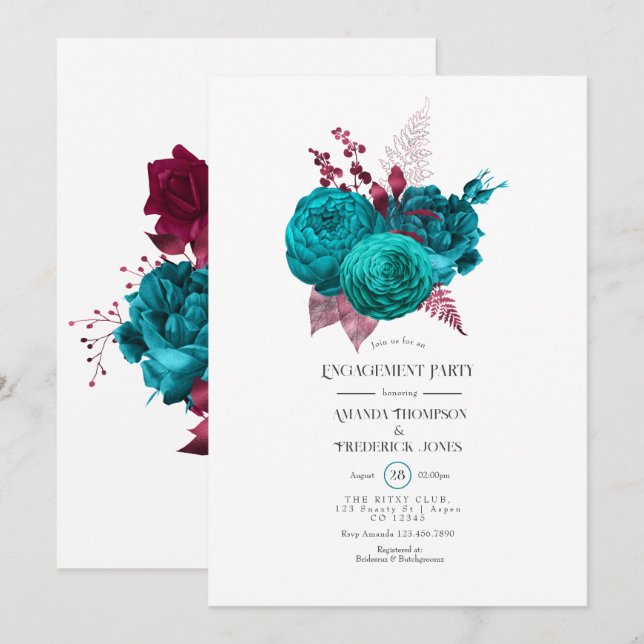 Turquoise and Burgundy Floral Engagement Party Invitation (Front/Back)