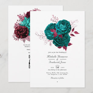 Turquoise and Burgundy Floral QR Code Wedding Invitation