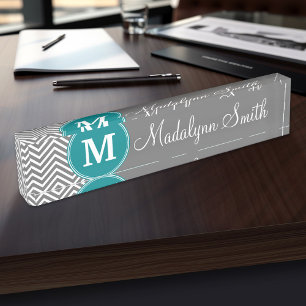 Turquoise and Charcoal Chevrons Custom Monogram Nameplate