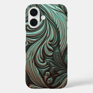 Turquoise and Chocolate Tooled Western Patterns iPhone 16 Case