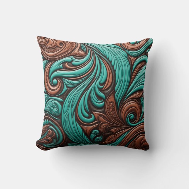 Turquoise and Chocolate Tooled Western Patterns Cushion (Front)