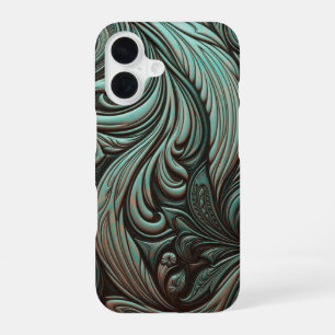 Turquoise and Chocolate Tooled Western Patterns iPhone 16 Case