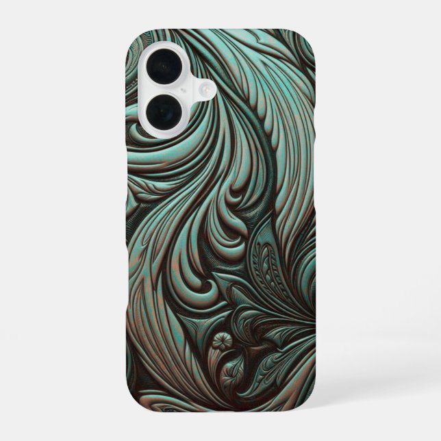 Turquoise and Chocolate Tooled Western Patterns iPhone 16 Case (Back)