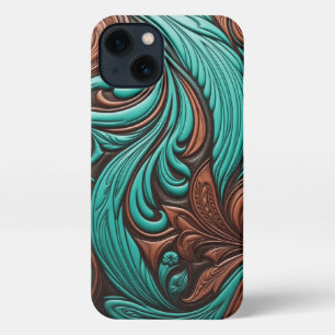 Turquoise and Chocolate Tooled Western Patterns iPhone 13 Case