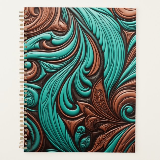 Turquoise and Chocolate Tooled Western Patterns Planner (Front)