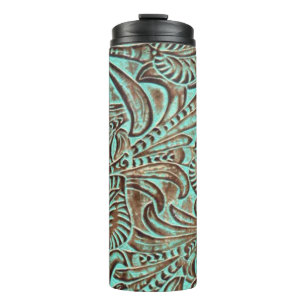 Turquoise and Chocolate Tooled Western Print Thermal Tumbler