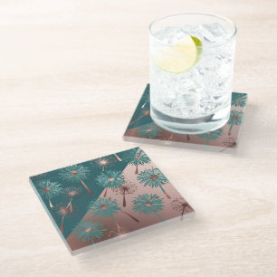 Turquoise and Copper Dandelions Glass Coaster