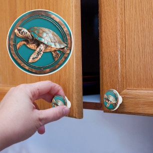 Turquoise and Copper Framed Sea Turtle Ceramic Knob