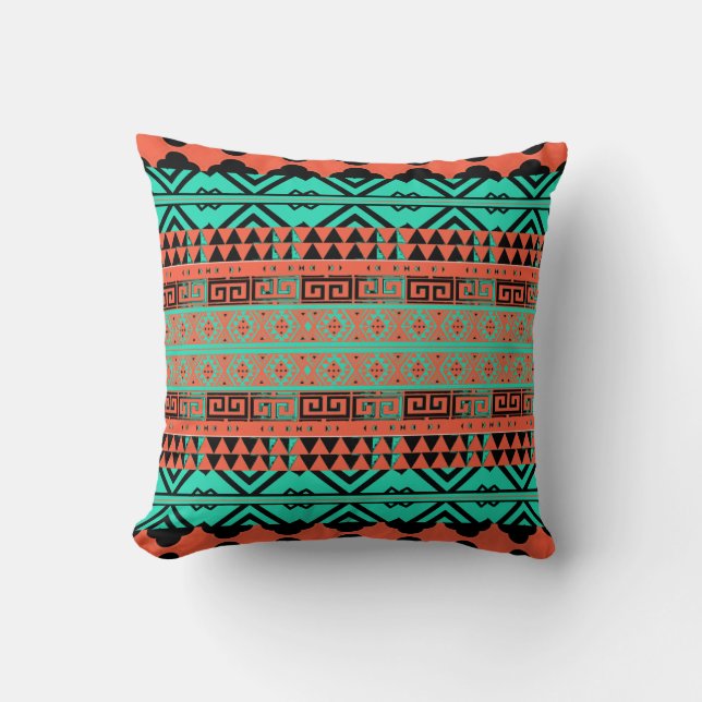 Turquoise and Coral Aztec Inspired Pillow (Front)