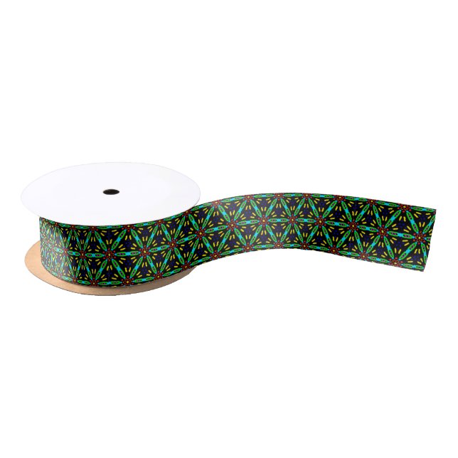 Turquoise and Coral Beaded Look Flower Pattern Satin Ribbon (Spool)