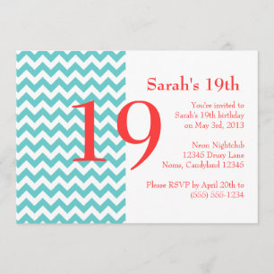 Turquoise and Coral Chevron Birthday Invitation